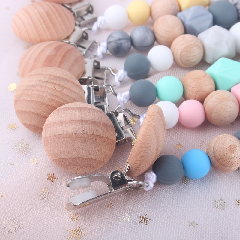 Natural Beech Wood & Silicone Pacifier Chain – Unisex Baby Clip